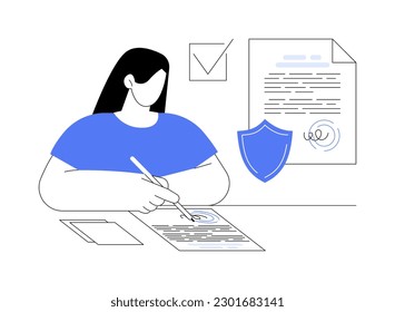 Secure copyright abstract concept vector illustration. Person filling patent application form, secure copyright, launching product process, intellectual property protection abstract metaphor.