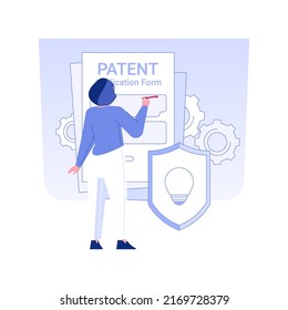 Ilustración vectorial de concepto aislada de derechos de autor seguros. Persona rellenando el formulario de solicitud de patente, derechos de autor seguros, proceso de lanzamiento de productos, concepto de vector de protección de la propiedad intelectual.