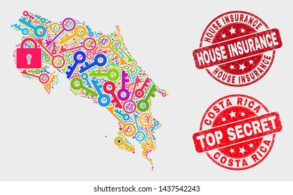 Secure Costa Rica map and seal stamps. Red rounded Top Secret and House Insurance scratched seal stamps. Bright Costa Rica map mosaic of different access items. Vector collage for safety purposes.