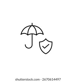 Cobertura segura, póliza de seguro y protección. Paraguas, escudo y marca de verificación. Icono de Vector de trazo perfecto y editable