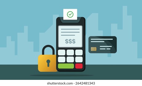 Secure Credit Card Payment with POS Terminal, Lock Icon, and City Background Illustration