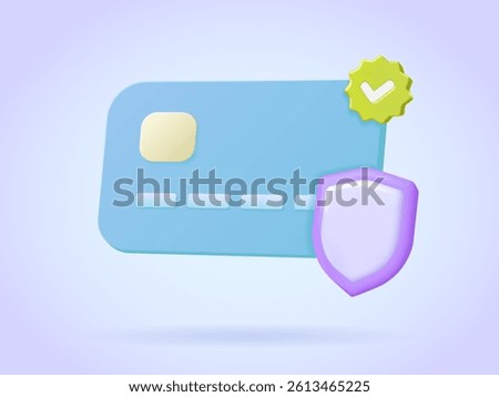Secure credit card with shield and check mark icon. Verified online payment method, financial security and protection concept for banking app or website. 3d vector illustration.