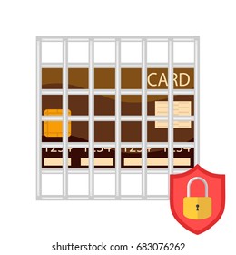 Secure credit card transaction. The bank card is under protection. Shield with lock and grille. Flat design, vector illustration, vector.