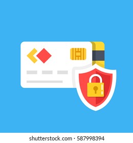 Secure credit card transaction. Secure payment, payment protection concepts. Credit card and shield with lock. Flat design graphic elements. Vector illustration