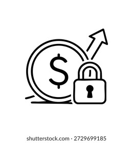 Crescimento seguro de criptomoeda ícone vetorial preto e branco com cadeado de moeda de dólar e conceito de financiamento digital blockchain de seta ascendente