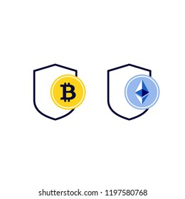 secure cryptocurrency payment bitcoin ethereum shield logo vector icon set