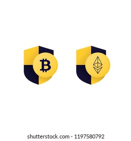 secure cryptocurrency payment bitcoin ethereum shield logo vector icon set