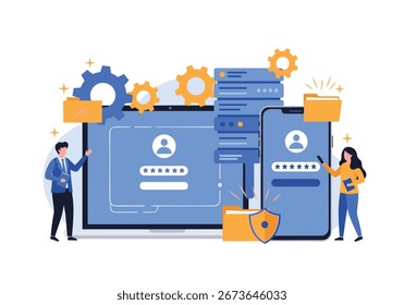 Ilustração de acesso seguro a dados com proteção por senha em dispositivos de laptop e smartphone