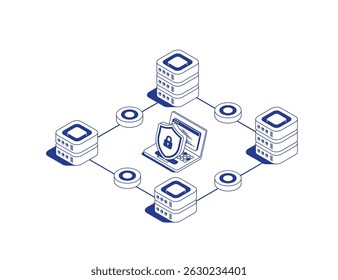 Secure data center concept with 4 server racks connected by data flows, laptop and security shield symbolizing cyber protection in isometric line contour vector illustration.