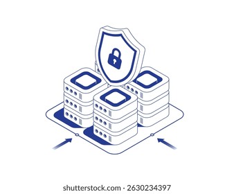 Conceito de data center seguro com rack de servidor com ícone de escudo e cadeado simbolizando proteção de banco de dados em ilustração vetorial de contorno de linha isométrica para design da Web.