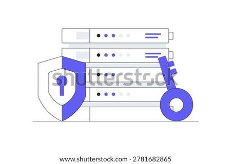 Secure Data Encryption and Account Privacy. Password Protection with Padlock, Shield, and Digital Key. Cybersecurity. Flat Cartoon Vector Illustration, icon Stylish abstract design landing page web