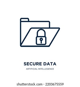 icono de datos seguros a partir de inteligencia artificial y futura recopilación de tecnología. Datos, datos, icono de esquema de seguridad lineal delgado aislado en fondo blanco. Signo de datos seguros del vector de línea, símbolo 