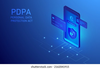 Gestión segura de datos y protección de datos contra ataques de hackers en la ilustración vectorial de tarjetas de crédito y teléfonos móviles. concepto PDPA