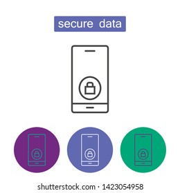 Secure data outline icons set. Editable stroke mobile security sign. Symbol of cyber safety technology vector illustration isolated on white background. Antivirus or firewall mobile application.