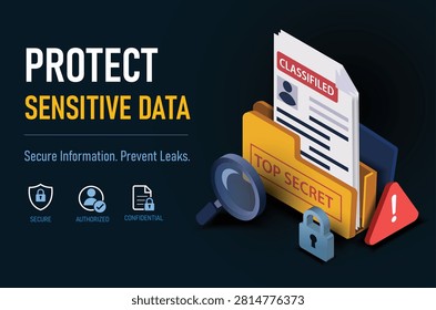 Secure Data Protection Concept with Classified Documents and Security Icons on Dark Background