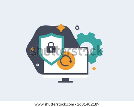 Secure data recovery with shield protection. System update process highlights safe backup, privacy defense and reliable computer restoration through digital technology vector illustration