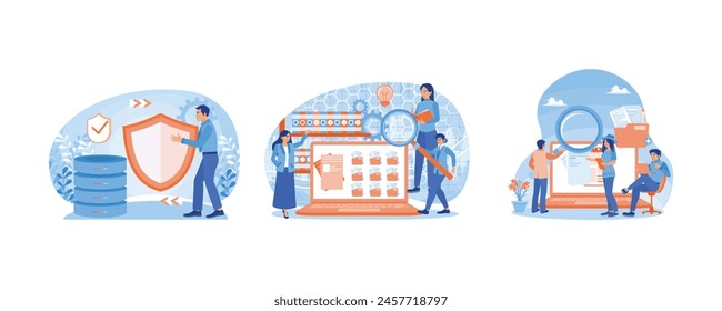 Secure data storage application. The employee search for a file in the database. Using magnifying glasses. Database concept. Set flat vector illustration.