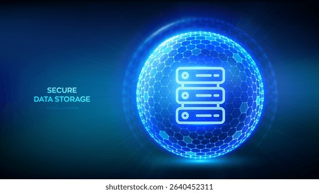 Secure Data Storage. Computer server and database storage security. Data center protection. Server hosting. Abstract 3D sphere shield with surface of hexagons with server icon. Vector illustration.