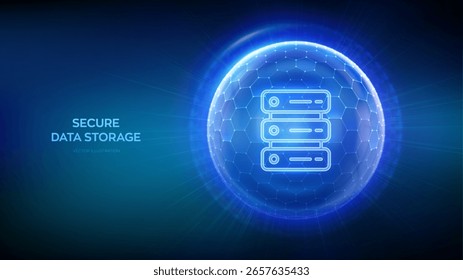 Armazenamento de dados seguro. Segurança de armazenamento de banco de dados e servidor de computador. Proteção do data center. Hospedagem de servidor. Escudo de esfera 3D abstrato com superfície de hexágonos com ícone de servidor. Ilustração vetorial.