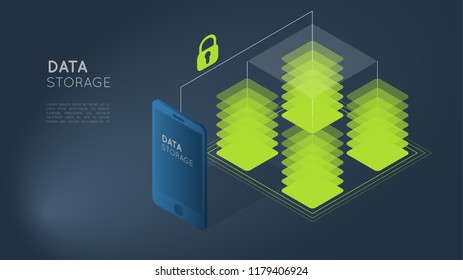 secure data storage concept, smartphone and storage blocks