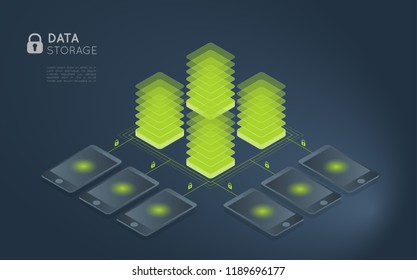 secure data storage concept, smartphone and storage blocks