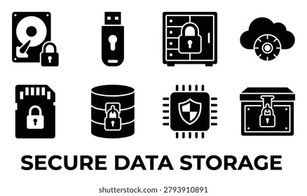 Secure data storage icons: hard drive, USB drive, safe, cloud storage, SD card, database, CPU, and chest. Data protection and security concept.