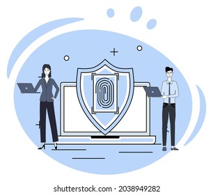 Secure data transfer.Secure storage and transfer of information using biometric data.People on the background of a shield with biometric data.Flat vector illustration.