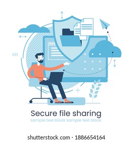 Secure data transmission concept. Access right. Safe file sharing. Protected web traffic. VPN. Analytical traffic assessment. Sharing documents. Graphic elements set. Vector illustration in flat style