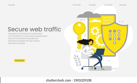 Secure data transmission concept. Access right. Safe file sharing. Protected web traffic. VPN. Analytical traffic assessment. Sharing documents. Graphic elements set. Flat style.