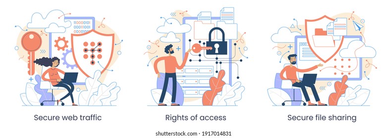 Secure data transmission concept. Access right. Safe file sharing. Protected web traffic. VPN. Analytical traffic assessment. Sharing documents. Graphic elements set. flat style.