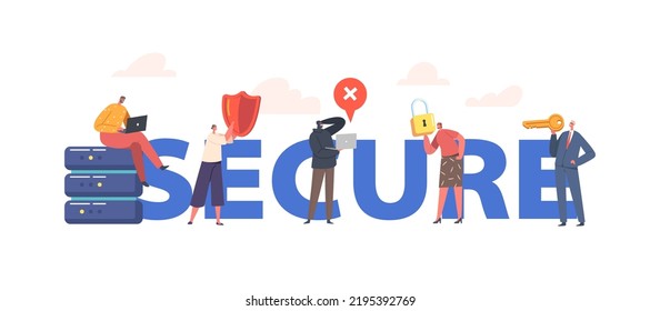 Secure Database Concept, People Holding Shield, Lock, Laptop Key, Protect Server Or Hard Disks. App Or Online Service For Safe Storage Of User Data, PosterBanner or Flyer. Cartoon Vector Illustration