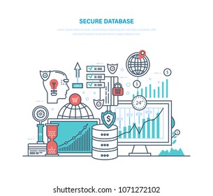 Secure database. Data protection, backup files and information archives, media server and cloud storage computing, internet security of computer processes. Illustration thin line design.