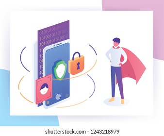Secure database smart phone security and anti virus protection network modern telecommunication with superman database and fingerprint or face recognition vector illustration