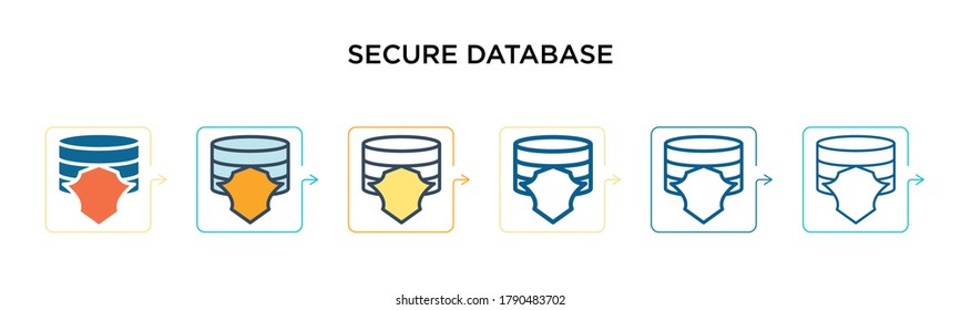 Secure database vector icon in 6 different modern styles. Black, two colored secure database icons designed in filled, outline, line and stroke style. Vector illustration can be used for web, mobile,