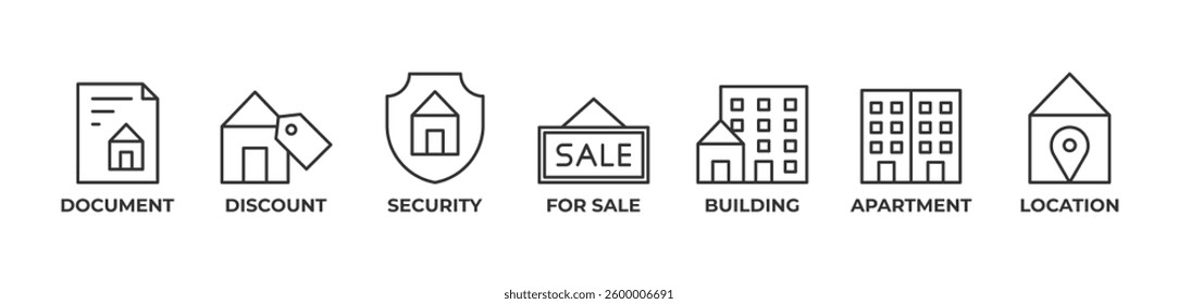Secure Deals Icons set vector illustration with DOCUMENT, DISCOUNT, SECURITY, FOR SALE, BUILDING, APARTMENT, LOCATION