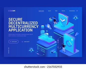 Secure decentralized multicurrency application isometric vector image on blue background. Virtual stock exchange. Digital currency trade. Web banner with copy space for text. 3d components composition