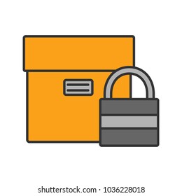 Secure delivery color icon. Cardboard box with padlock. Isolated vector illustration