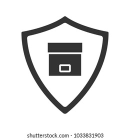 Secure delivery glyph icon. Cargo insurance. Cardboard box inside shield. Silhouette symbol. Negative space. Vector isolated illustration