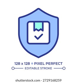 Secure delivery pixel perfect line color icon. Shipping protection, package verification. Logistics service. Isolated vector illustration. Flat colorful symbol design. Editable stroke