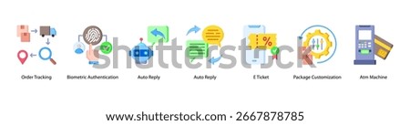 Secure Digital Access web banner icon vector illustration featuring Order Tracking, Biometric Authentication, Auto Reply, Auto Reply, E Ticket, Package Customization, and Atm Machine.