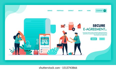 Secure digital agreement with password and QR code or barcode, People handshake to agree sign e-document with digital feather pen, digital signature certificate. Flat illustration vector design icon.