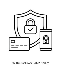 Secure digital payment, mobile banking, and credit card protection icon. Features a protective shield behind a bank card and a locked smartphone.