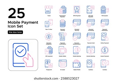 Secure Digital Transactions. Online Payments, NFC Technology, and E-Commerce. Vector Illustration. Oultine duo tone icon set