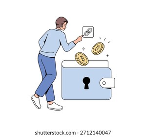 Conexión segura de billetera digital. Ilustración de criptomoneda. Vector plano.