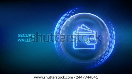 Secure Digital Wallet. Online banking. Safety payments. Secure transactions. Personal financial data protection. Glass transparent sphere with surface of hexagons with Wallet icon. Vector illustration