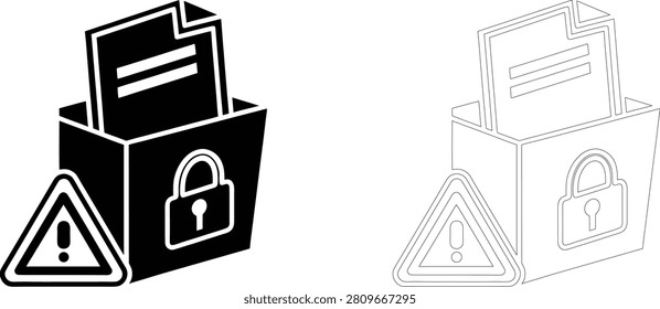 Secure document bin set with warning sign and padlock symbol in solid black and thin outline styles