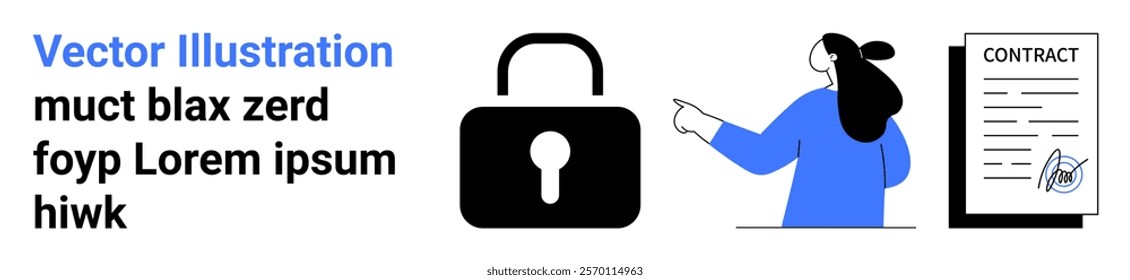 Secure document handling with a digital lock, a person pointing to a contract document, and an approved signature stamp. Ideal for legal agreements, data security, digital contracts, e-signatures