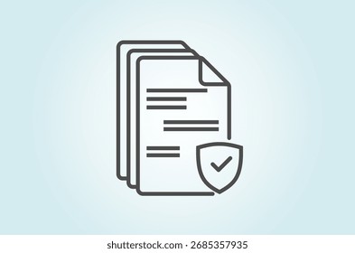 Secure Document Icon – Minimalist Stack of Papers with Shield and Checkmark Representing Data Protection, Compliance, and Verified Information