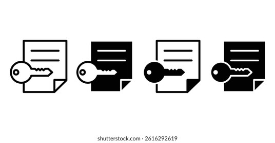 Secure Document Icon Set Black And White Key And Paper Illustrations Vector Design