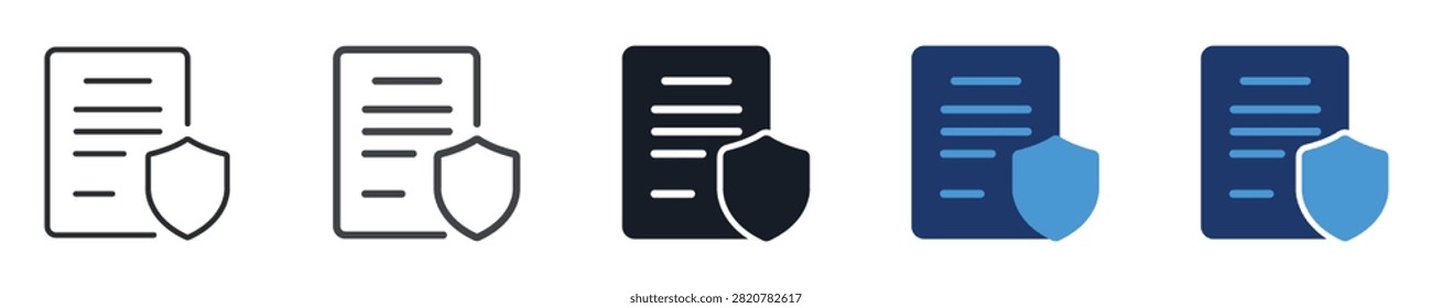 Secure document line solid and color icon set confidential paper data protection shield and insurance contract privacy policy concept